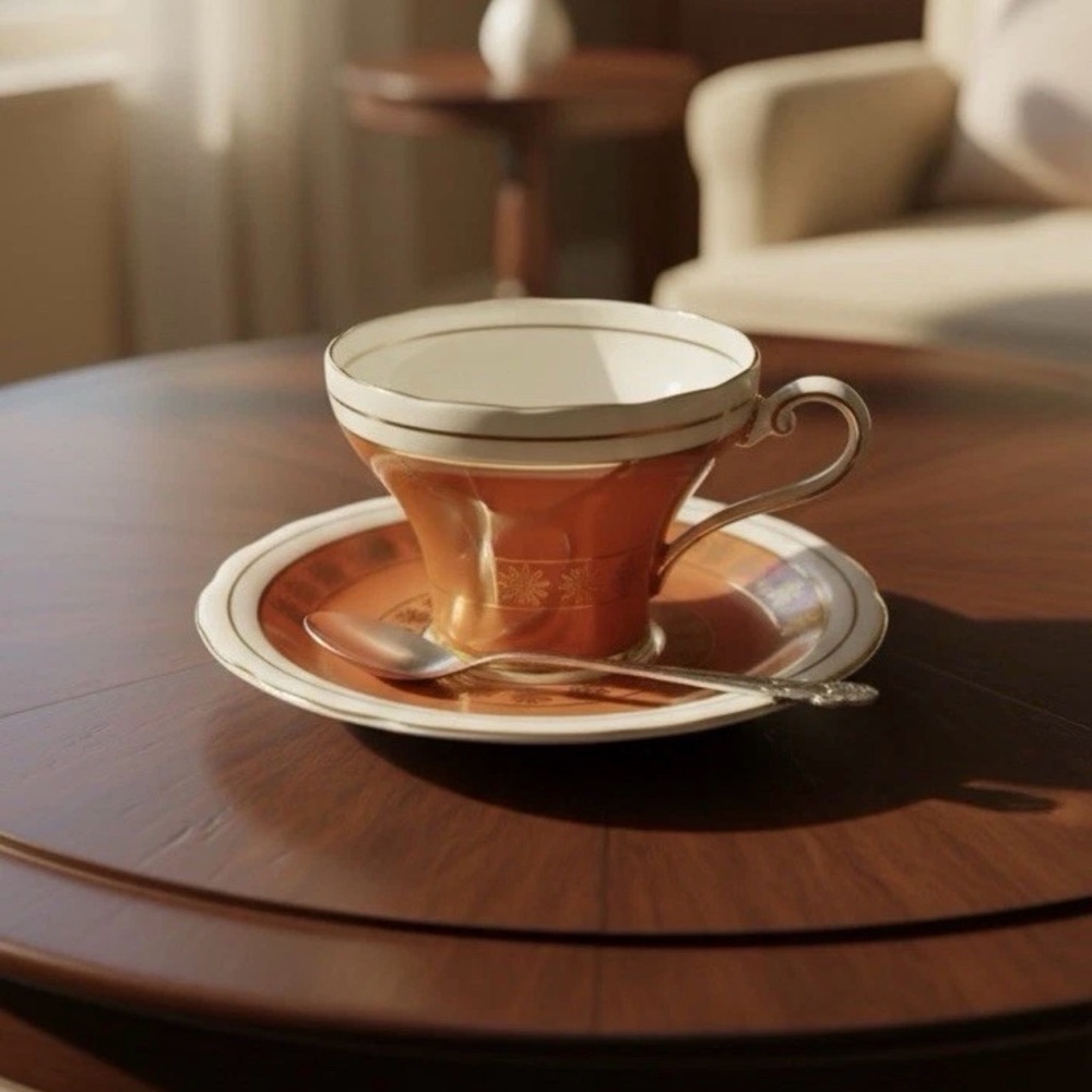 Elegant Orange and White Porcelain Teacup with Saucer